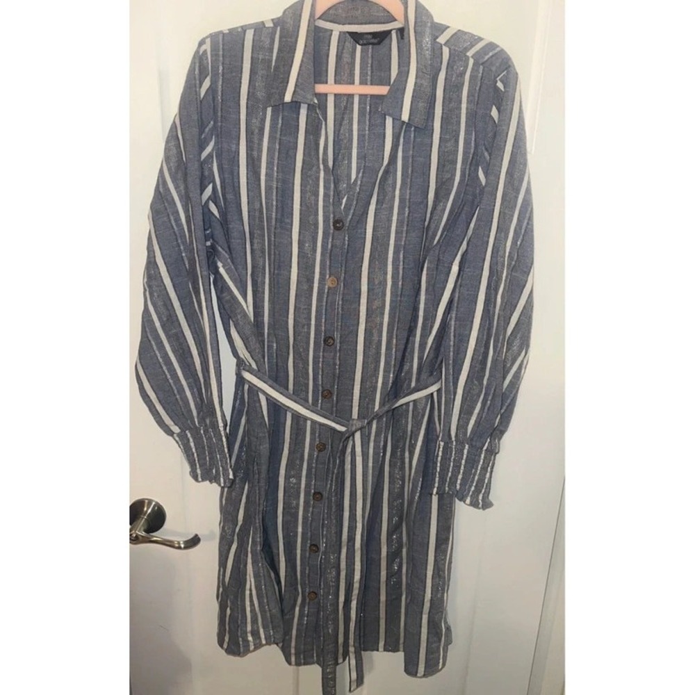Mlle Gabrielle 2X Shirtdress Striped Button-Front metallic thread w/ waist tie